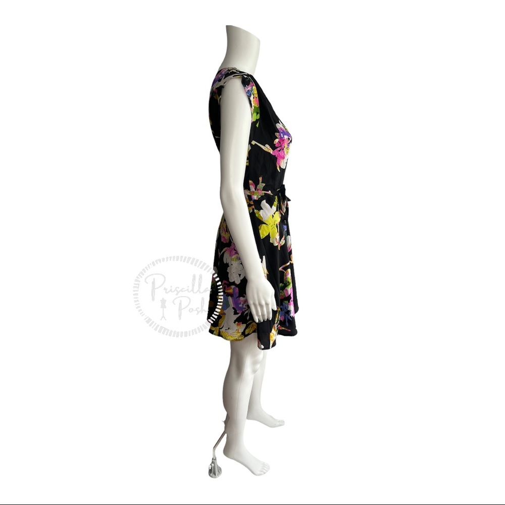 Yumi Kim Black Vibrant Floral Print Wrap Dress Short Sleeve 100% Silk Pink Green - Picture 10 of 13